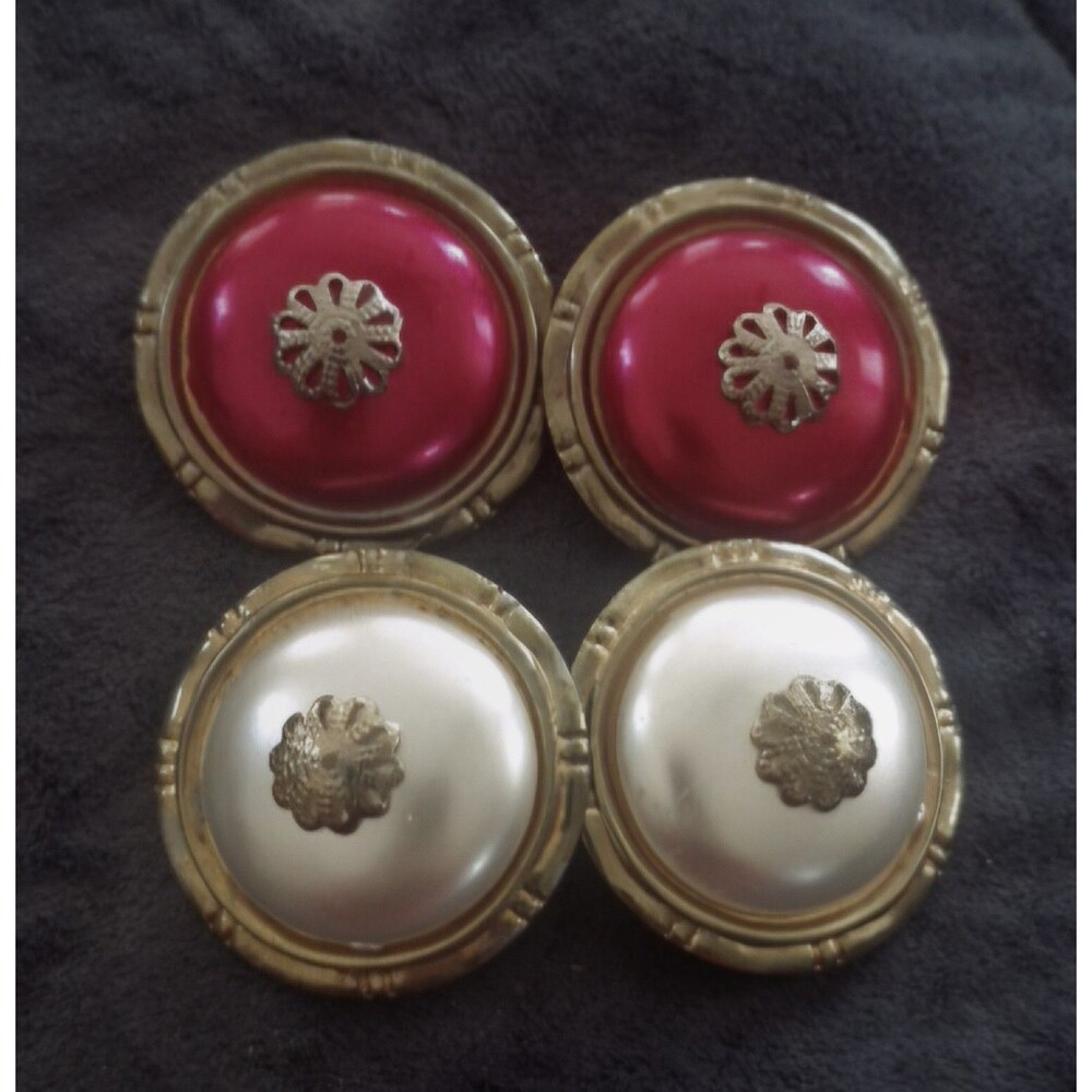 Vintage  Large Clip-On Earrings 2 Pair Gold Tone Red White Enamel